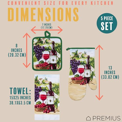 5 Piece Wine Printed Kitchen Linen Set, 2 Cotton Towels, 2 Potholders, 1 Oven Mitt with Hanging Loop, 100% Cotton Material on Front & Polyester Backing, Perfect Kitchen Accessory, Gift - color: Wine