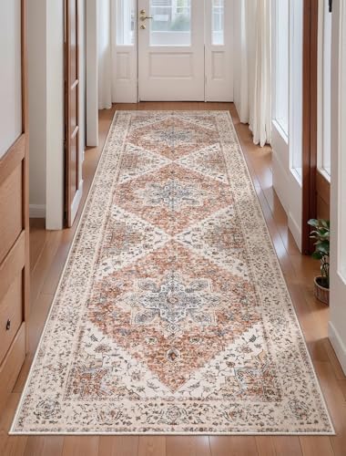 Ciicool Washable Runners for Hallways,2'6''x8' Long Kitchen Runner Rug | Boho Non Slip Backing Entryway Indoor Mat,Vintage Throw Thin Low-Pile Carpet For Bedroom Bedside Dining Room Living Room - color: Vintage Cream/Brick, size: 2'6" x 8' (Runner)