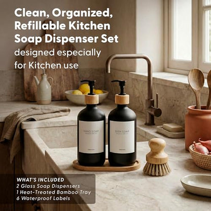 MaisoNovo Glass Dish Soap Dispenser for Kitchen Set of 2-16.9oz Dish and Hand Soap Dispenser Set for Kitchen - Black Glass Bottles x 2 with Black Bamboo Pumps & Tray - color: Black Bottles/Black Bamboo Pumps