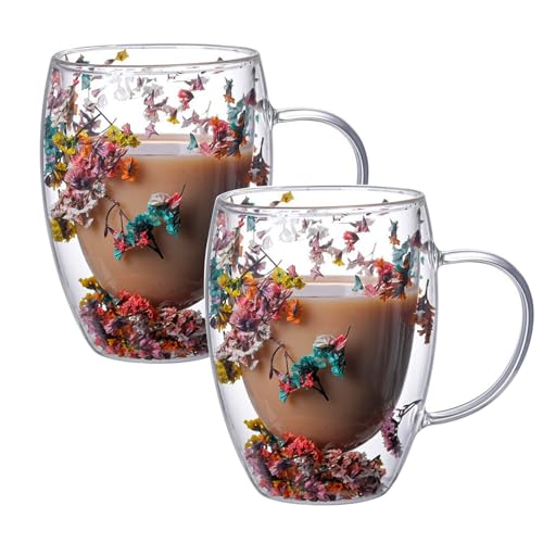 Viovian 13oz Double Wall Glass Coffee Mugs Set of 2 Insulated Glass Coffee Cups with Handles,Clear Dried Flower Tea Mug for for Hot Beverages,Tea Cup Women Birthday Gifts - color: 13oz double wall glass mugs set of 2