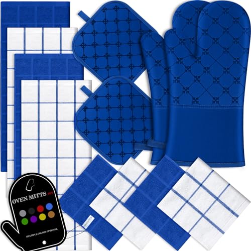 Oven Mitts Kitchen Towels Dishcloths with Pot Holders Sets, Dish Towels Sets, Oven Gloves Pot Pads Heat Resistant 500 Degrees with Non-Slip Silicone Surface for Cooking Baking Grilling-Royal Blue - color: Royal Blue