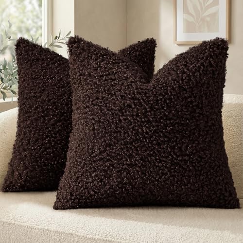 decorUhome Sherpa Decorative Throw Pillow Covers 20x20 Set of 2 Chocolate | Soft Fuzzy Texture, Heart-Shaped Zipper, Cozy Square Accent Pillow Covers for Sofa Couch Living Room Bedroom, Neutral Style - color: Chocolate, size: 20" x 20" (Pack of 2)