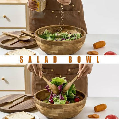 JOYMAY Salad Bowls Wood Salad Bowl Set with Lid Acacia Wood Serving Bowl for Fruits or Salads 10.5" Large Serving Bowl with Serving Utensils, 4 Piece Wooden Mixing Bowl Set for Kitchen, Picnic - color: 10.5in wood salad bowl