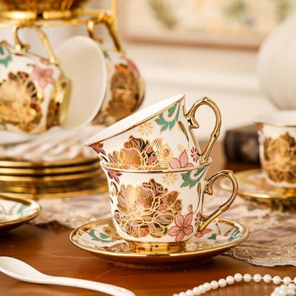 20 Pieces Porcelain Tea Set With Metal Holder, European Ceramic tea set for adults,Flower Tea Set,Tea Set For Women With Flower Painting - color: eel Yellow