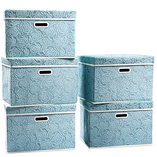 Stackable Storage Cubes with Lids [5-Pack] Fabric Decorative Storage Box Bins Organizer Containers Baskets with Cover Handles Divider for Bedroom Closet Living Room Blue 14.9x9.8x9.8 Inch - color: Blue, size: Medium(5-Pack)
