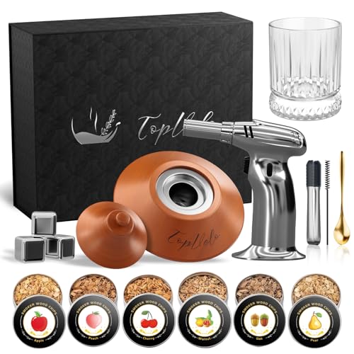 Cocktail Smoker Kit with Torch and Whiskey Glass, 6 Flavors Wood Chips and 3 Whisky Stones for Whiskey & Bourbon, Gift for Husband, Birthday Gift (No Butane), Brown - color: Brown