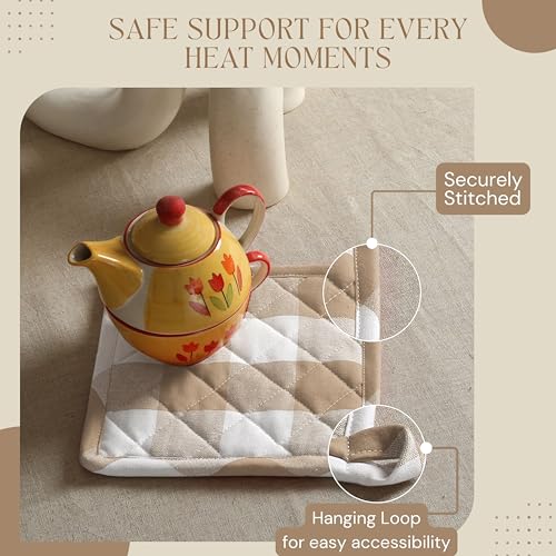 Buffalo Plaid Check Oven Mitts and Pot Holders Set, 100% Cotton, Heat Resistant, Includes 2 Oven Gloves (7x13 Inches) and 2 Hot Pads (8x8 Inches) for Cooking and Baking, Beige White - color: Beige, Buffalo Plaid