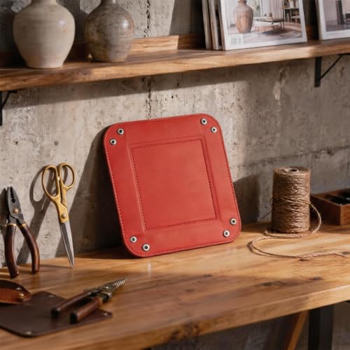 Valet Tray Desktop Storage Organizer – Vegan Leather Catchall Tray Bedside Vanity Tray Nightstand Caddy Holder for Remote Controller, Watch, Keys, Phone, Wallet, Coin, Jewelry, Red - color: Red