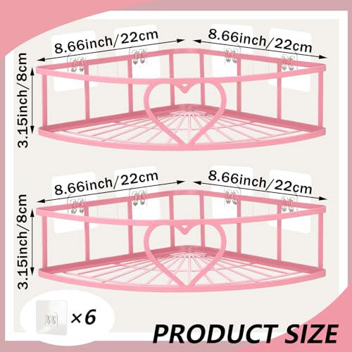 2 Pack Pink Heart Corner Shower Caddy No Drilling Pink Shower Shelves Coquette Corner Caddy with 5 Adhesive Hooks Sweet Decor for Bathroom Kitchen Bedroom - style: Heart