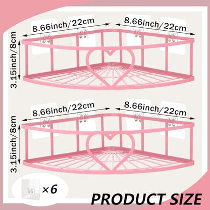 2 Pack Pink Heart Corner Shower Caddy No Drilling Pink Shower Shelves Coquette Corner Caddy with 5 Adhesive Hooks Sweet Decor for Bathroom Kitchen Bedroom - style: Heart