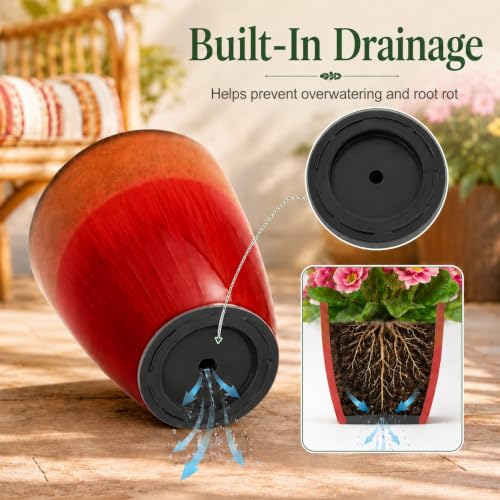 Neoaider Set of 3 Tall Planter, 24/21/12in Large Plastic Planter, Firey Red | Ceramic-Look, Lightweight, Built-in Drain Hole, Saucers, Tall Outdoor Planter for Porch, Garden, Patio, Balcony - color: Fiery Red