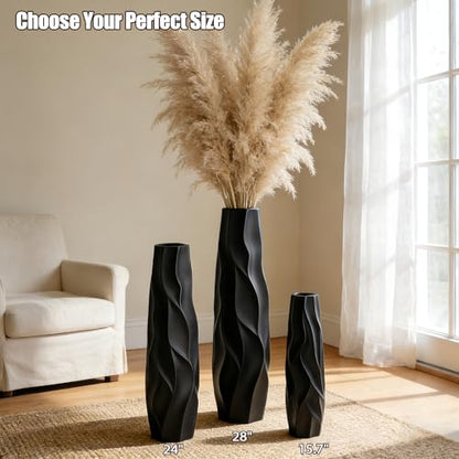 Black Tall Ceramic Floor Vase, 28 Inch, Pleated Wave Design | Matte Finish, Spacious Rooms, Statement Corners, Fireplace, Dried Branches - size: 28 Inch