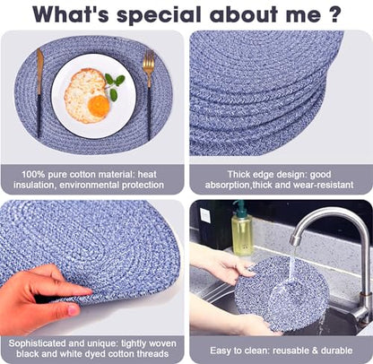 4 Pack Oval Woven Placemats, 12x16 inches Rattan Place Mats Cotton Pot Holders Wicker Tablemats Boho Braided Heat Resistant Mats, Plate Chargers for Table (Mix Blue, Oval Set of 4) - color: Mix Blue, size: Oval Set of 4