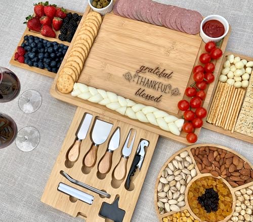 Custom Charcuterie Board Gift Set – Bamboo Cheese Board 15.25" x 13" with Utensils – Personalized Wedding, Housewarming & Thanksgiving Gift for Couples - color: A Designs