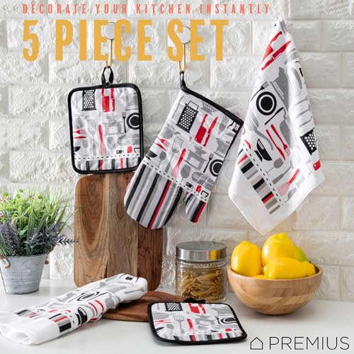 5 Piece Kitchen Tools Printed Kitchen Linen Set, 2 Cotton Towels, 2 Potholders, 1 Oven Mitt with Hanging Loop, 100% Cotton Material on Front & Polyester Backing, Perfect Kitchen Accessory - color: Kitchen Tools