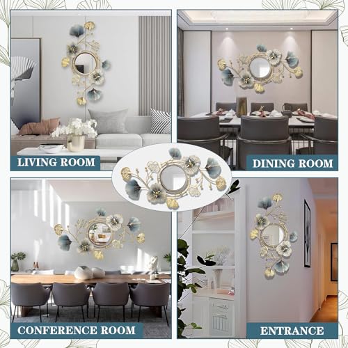 Metal Wall Mirrors Decor, 59" x33” Large Ginkgo Leaf Wall Art | Decorative Wall-Mounted Mirror, 3D Creative Modern Ginkgo Leaves Flower Big Wall Hanging Mirror, for Living Room (59X33 Inch)