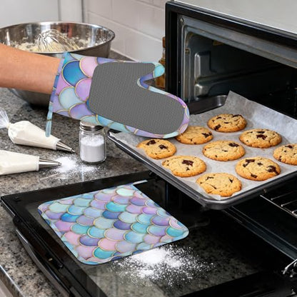 Pink Mermaid Scales Heat-Resistant Silicone Oven Mitts and Pot Holders,Long Oven Gloves with Non-Slip Grip for Cooking, Baking, Grilling,BBQ - color: Pink Mermaid Scales