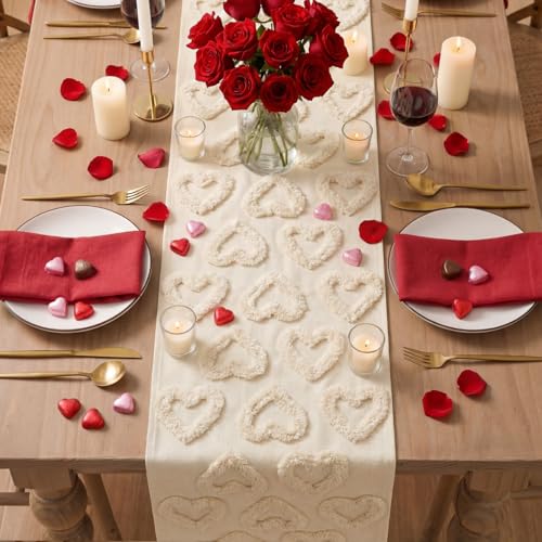 Roshtia Heart Table Runner Decor Soft Plush 3D Heart Valentines Table Runner 13 x 72 Inch Romantic Valentine's Day Decors for Mother's Day Graduation Home Present Gift Holiday Party Decor(Beige) - color: Beige, style: Valentine's Day