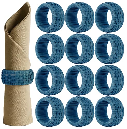 Artisan Cane Napkin Rings Set of 12, Earthy Woven Dinner Napkin Holders, Natural Bohemian Farmhouse Table Accessory for Dinner Parties & Everyday Use (Navy Blue) - ALPHA Living HOME - color: Navy Blue, size: 12- Pack