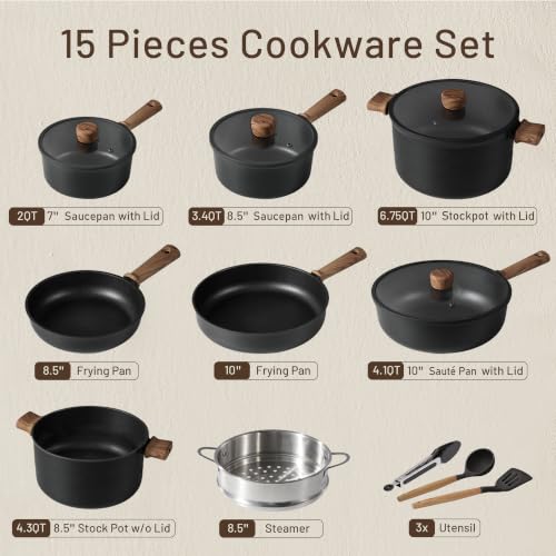 CAROTE 15pcs Cookware Set Nonstick pots and pans set black | Titanium Reinforced Coating, Scratch-Resistant, Easy to Clean, Even Heating, Induction Compatible, with Frying Pans Set - color: Black, size: 15 Piece