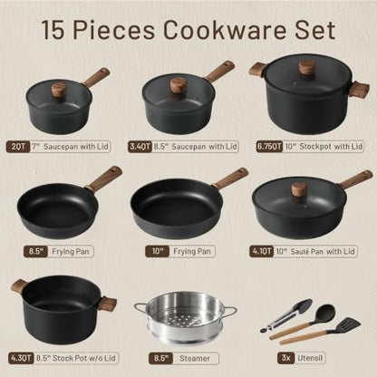 CAROTE 15pcs Cookware Set Nonstick pots and pans set black | Titanium Reinforced Coating, Scratch-Resistant, Easy to Clean, Even Heating, Induction Compatible, with Frying Pans Set - color: Black, size: 15 Piece