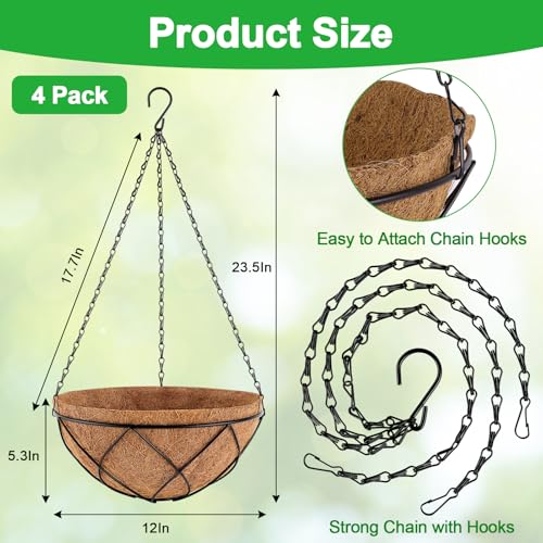 Hanging Baskets for Plants Outdoor, 4 Packs 12 Inch Metal Wire Hanging Planter with Coconut Liners, Flower Basket Pot for Outside Garden Patio Porch Balcony Fence