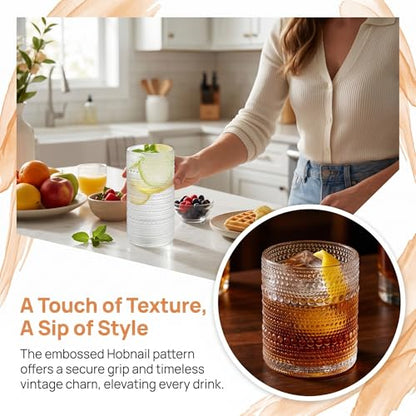 Vintage Hobnail Drinking Glasses Set of 8, Clear Glass 12oz & 16oz Highball Cups, Embossed Water Tumbler for Beer, Cocktail, Whiskey, Juice
