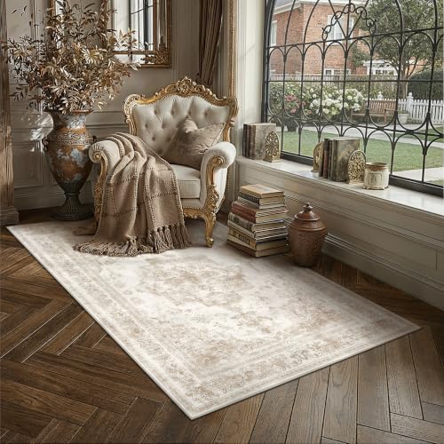 3x5 Washable Entryway Area Rug Beige Vintage Distressed Carpet | Non-Slip, Non Shedding, Low Pile, Soft Durable, Medallion Indoor Rug, Entryways, Bedroom, Living Room, Home Decor - color: Antique Beige, size: 3' x 5' (Rectangular)