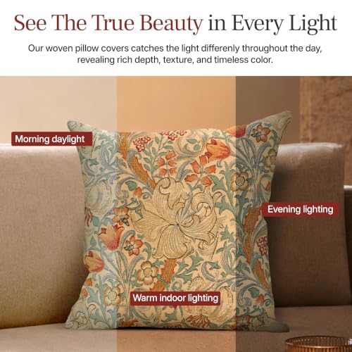 William Morris Golden Lily Light Tapestry Throw Pillow Cover 18 x 18 in - color: Cream,blue,green,orange,red,yellow