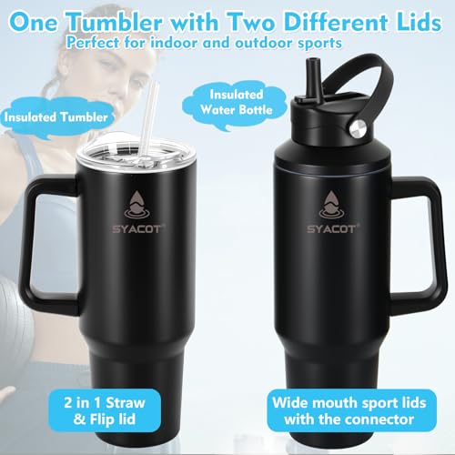 40 oz Tumbler with Handle and Straw or Convert to 40 oz Insulated Water Bottle Fits in Cup Holder. Stainless Steel Metal Water Flask with 2 Lids for Travel,Camping,Gym Sports Coffee Mug Thermal Cup - color: Black