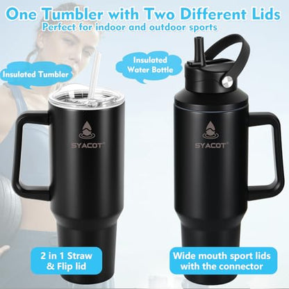 40 oz Tumbler with Handle and Straw or Convert to 40 oz Insulated Water Bottle Fits in Cup Holder. Stainless Steel Metal Water Flask with 2 Lids for Travel,Camping,Gym Sports Coffee Mug Thermal Cup - color: Black