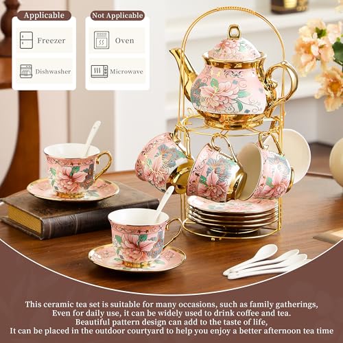 20 Pieces Porcelain Tea Set With Metal Holder, European Ceramic tea set for adults,Flower Tea Set,Tea Set For Women With Flower Painting (Large version, Pink) - color: Pink
