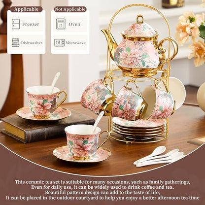 20 Pieces Porcelain Tea Set With Metal Holder, European Ceramic tea set for adults,Flower Tea Set,Tea Set For Women With Flower Painting (Large version, Pink) - color: Pink
