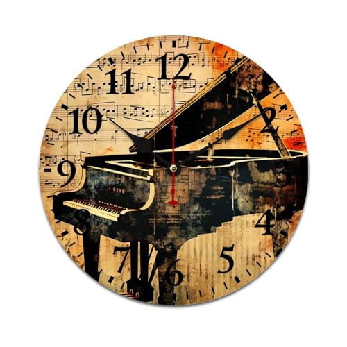 Clock Old Vintage Abstract Piano and Music Note Round Kitchen Wall Clock Battery-Powered with Quartz Movement Musical Score Wall Clock 12 Inch Home/Office/Kitchen Decor - color: Pattern-4, size: 12 Inch