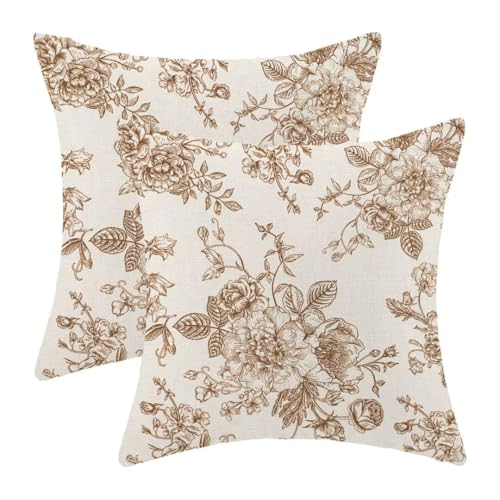 AEIOAE Chinoiserie Floral Pillow Covers 18 x 18 Inch Set of 2, Vintage Brown Flower Decorative Throw Pillow Covers Outdoor Linen Farmhouse Decor Pillowcase for Home Sofa - color: Brown Chinoiserie, size: 18" x 18" (Pack of 2)