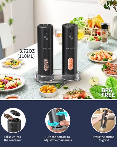 CIRCLE JOY Rechargeable Electric Salt and Pepper Grinder Set with Base, Automatic Pepper Mills with 110ml Container, External Adjustable Coarseness, White Led Light and One-Handed Operation, Black - color: Upgrade Black