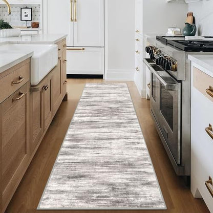 KOZYFLY Modern Abstract Hallway Runner Rug, 2.6x8 Washable Rug Runner Non-Slip Soft Striped Kitchen Runner Rugs, Print Grey/Light Beige/Brown Carpet Runner for Entryway Bathroom - color: Grey/Light Beige/Brown, size: 2'8" x 8' (Runner)