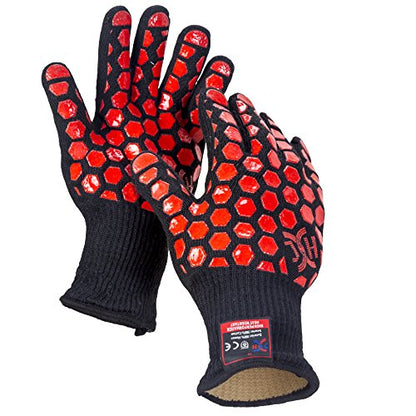 J H Heat Resistant Oven Glove:EN407 Certified 932 °F, 2 Layers Silicone Coating, Oven Mitts for Cooking, Kitchen, Fireplace,Camping, Grilling (Black/Red, Regular Cuff) - color: Black/Red, size: Regular Cuff