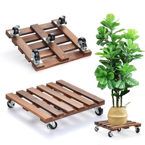 2 Pack Plant Stand with Wheels, 12" Rolling Plant Stand 264 LBS Heavy Duty Wooden Square Plant Caddy with Metal 360° Lockable Caster Wheels for Outdoor Indoor Large Plant Pots, Flower Pot, Patio - size: 12"- 2pack
