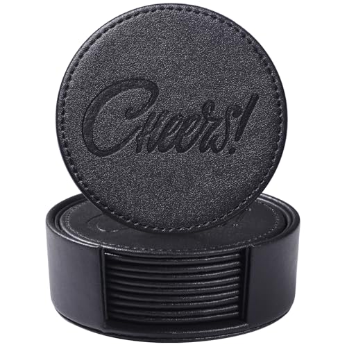 Coasters for Drinks Set of 6 with Holder, 6-Piece Leather Coasters with Embossed Cheers Marks - Durable Drink Coasters Set for Home, Bar, or Office - Black - color: Black