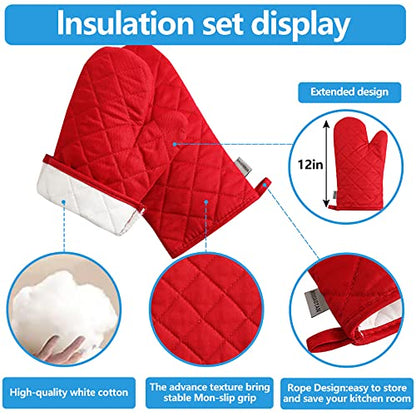 Oven Mitts and Pot Holders 4 pcs Set,High Heat Resistant 500 Degree Extra Thicken Long Kitchen Cotton Oven Glove for Cooking (12 Inch,Red) - color: Cotton-red