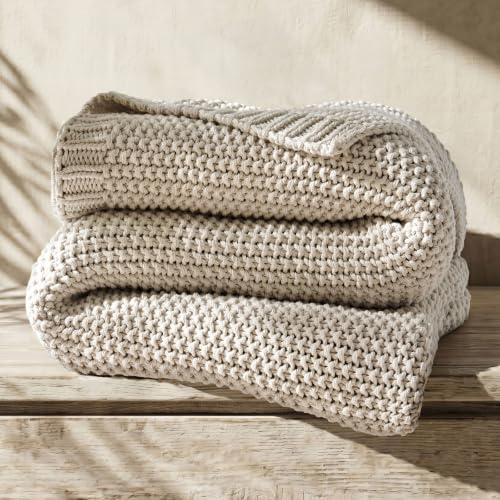 Organic Cotton Chunky Knit Throw Blanket, 50 x 60 Birch | OCS Certified Organic Cotton, Seed Stitch Knit, Soft & Breathable, Cozy Midweight, Decorative Throw for Couch, Bed & Sofa - color: Birch, size: Throw (50" x 60")