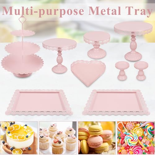 Set of 9 Cake Stands Metal Cupcake Stand Set Multiple Styles Candy Fruit Display Tower Dessert Plate Cake Serving Tray for Birthday Party Wedding Anniversary Baby Shower Engagement (Pink) - color: Pink