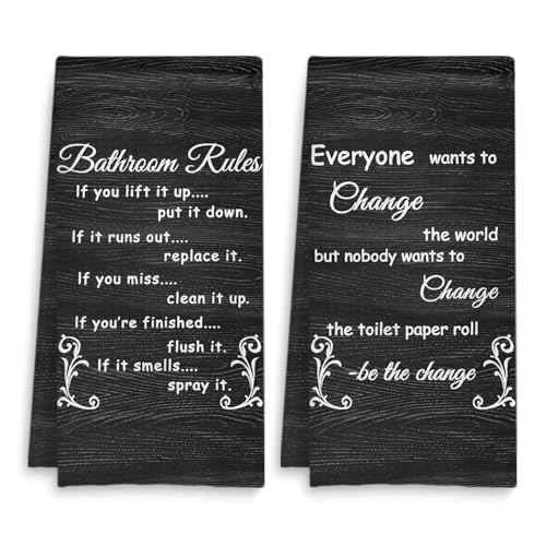 Funny Bathroom Rules Decorative Hand Towels Set of 2, Rustic Farmhouse Hand Towels for Bathroom Decor, 16x24 Inch(Coal Black Style) - color: Coal Black Style