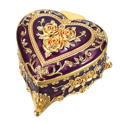 Hipiwe Decorative Jewelry Box Purple Vintage Jewelry Storage Case with Rose Pattern Heart Shaped Treasure Chest Box for Earrings Ring Necklace Keepsake Organizer - color: Purple