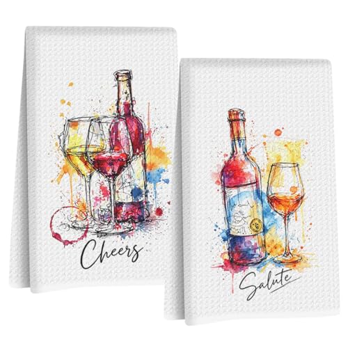 2 Pcs Graffiti Wine Kitchen Towels, Italian Gifts Reusable Dish Towels | Waffle Weave Hand Cloth Tea Towel for Kitchen Bathroom Home Decor, Wine Lover Gifts for Women Mom Friend 24x14 Inch - color: Multi 1718