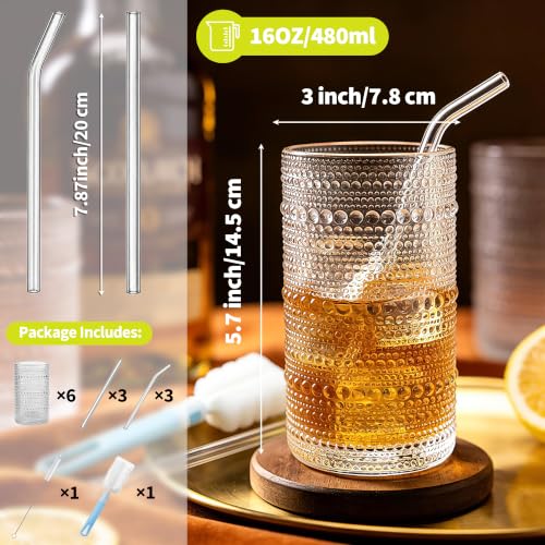Large Hobnail Drinking Glasses with Straws, 16 oz/480 ml, 6 Pack | Vintage Hobnail Glassware Highball Glasses for Cocktail, Juice, Whiskey, Beer, Milk and Various Mixed Drinks