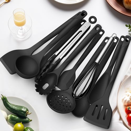 Silicone Cooking Utensils Set - 600°F Heat Resistant, Nonstick Kitchen Utensil Set with Spatulas, Spoons, Whisk, Tongs, BPA Free, Dishwasher Safe, Black - color: Black