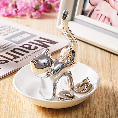 PUDDING CABIN Cat Ring Holder Gift for Women, Cat Mom Mothers Day Gifts, Birthday Gifts for Women Girls Friends, Cute Kitty Ceramic Jewelry Rings Earrings Necklace Holder Home Decor - style: Sliver Cat