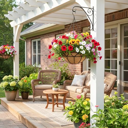 EIMQUVW 4-Pack Outdoor Metal Hanging Baskets 14 Inches Black Round Flower Pot with Coconut Fiber Lining Decorative Wire Hanging Planter Suitable for Patios Gardens and Walls - size: 14 Inch, style: Lotus